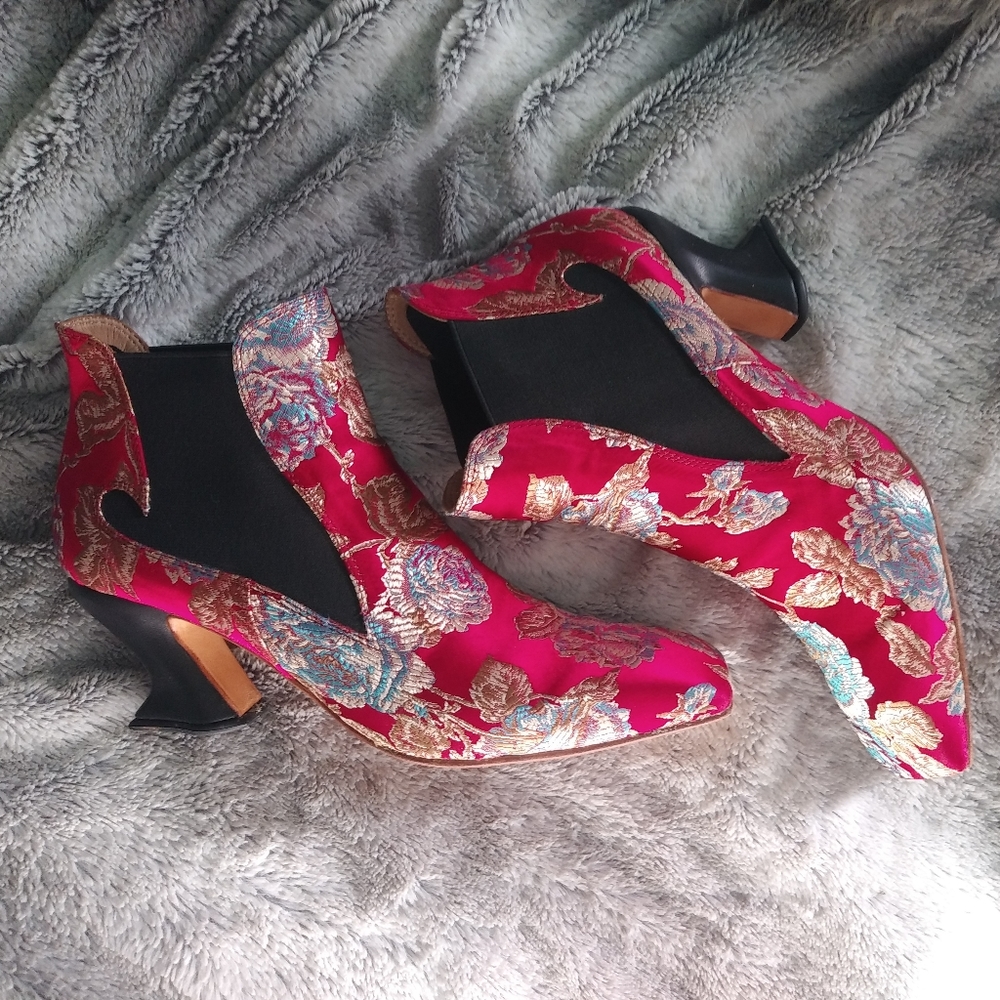 John Fluevog Baroness boot in red jacquard